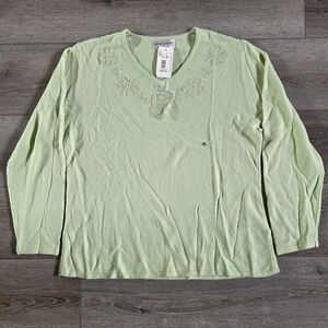 New Drapers & Damons Size PL Sweater Womens Green Embroidered V-neck Lightweight